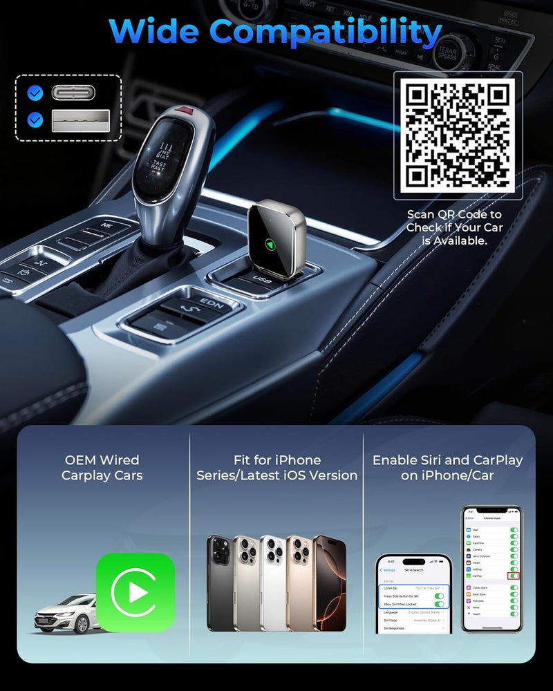 TKHIN محول Mini CarPlay اللاسلكي لجهاز Apple iPhone - يحول محول CarPlay السلكي إلى لاسلكي، عصا CarPlay Dongle لسيارات CarPlay السلكية من Apple و iPhone iOS 10+، USB و Type-C، توصيل وتشغيل - Image 4